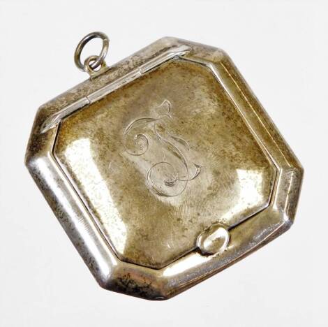 A small silver compact pendant, bearing inscription to front, with single mirror to lift up lid, maker C&N, Birmingham 1946, 19g all in.