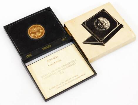 A cased gold anniversary of independence twenty dollar coin, Jamaica 1962, 1972.