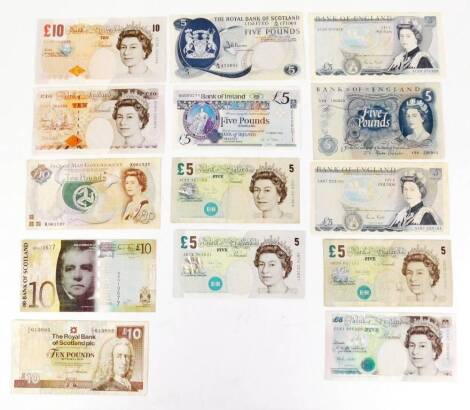 Various bank notes, Elizabeth Fry five pound note JB78383821, George Stevenson, others for Fry, Royal Bank Of Scotland five pound note, Duke of Wellington, various others, Fforde Y94130963, Gill Duke of Wellington SC33970926, various other five pound note