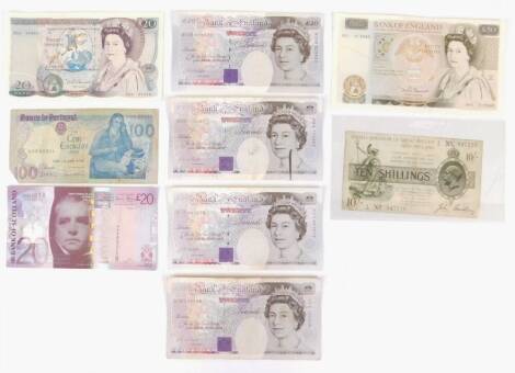 Various bank notes, a fifty pound note Christopher Wren, Somerset A01312668, a hundred escudos note EXD28251 and various twenty pound notes, Somerset 26A948481 William Shakespeare, three Richard Faraday and a Bank of Scotland twenty pound note AA960118, a