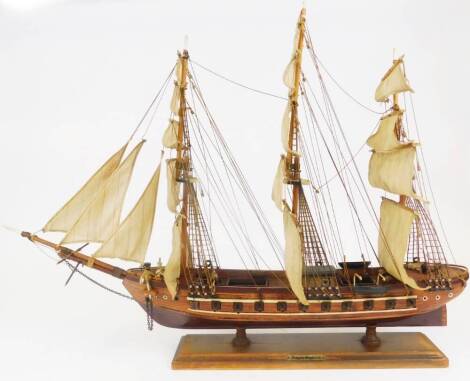 A 20thC model of the Fragata Siglo X1X, with realistic deck and rigging on a wooden plinth base, 51cm high.