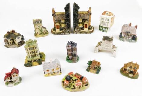 Twelve various David Winter style cottages and other buildings, book end, unmarked, 16cm high, various others. (12)