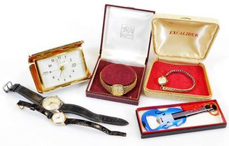 A 20thC Favre-Leuba Geneve seventeen jewel gentlemans wristwatch, with 3cm wide baton and Arabic numeric dial and leather strap, Smith's ladies cocktail watch, various costume jewellery and effects, coral travel clock, Rotary wristwatch in associated Eliz