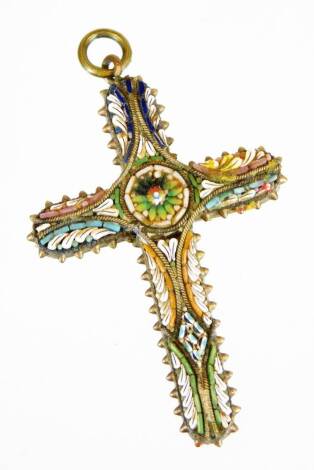 An early 20thC Italian micro mosaic cross pendant, with plain hook top, 5cm high.