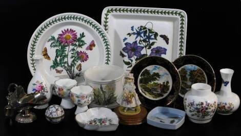 A Portmeirion Botanic Gardens dish, of square form with rounded corners, 28cm wide, various other china, further Portmeirion plate, unmarked jardiniere, porcelain egg, Coalport Empire Stores mark vase, various other china, plated sugar box, heart shaped d