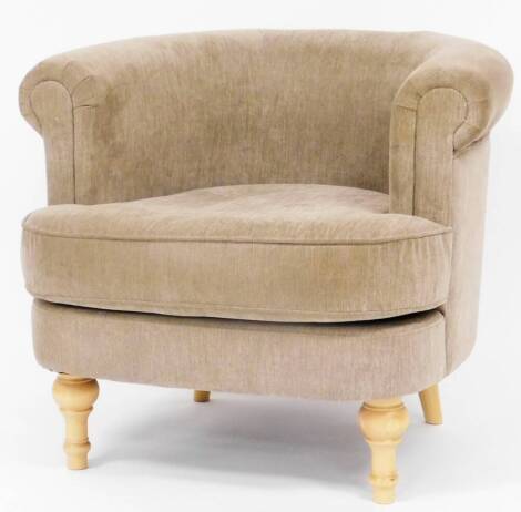 A beech framed tub chair, on turned front legs, 67cm high.