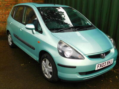 A Honda Jazz, registration FX03 XHJ, first registered March 2003, 1339cc, petrol, no V5, approx 40,000 miles, green, last MOT expired 28th March 2019, air bag in need of replacement, current recall from Honda on some aspects, To be sold upon instruction