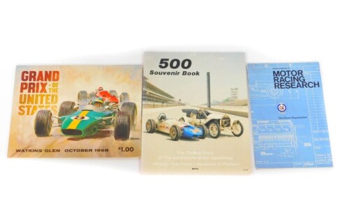 Three 1960's Formula 1 books and brochures, comprising Some Aspects of "Motor Racing Research" The Owen Organisation, 1966., Grand Prix of the United States , Watkins Glen October 1968., and 500 Souvenir Book.