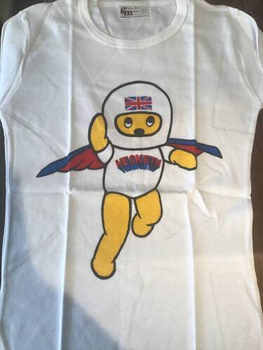 A Mid 1970's Hesketh Racing 'Superbear' lady's 'pit girl' t-shirt, white cotton with applied logo to front and rear, made by Geoffrey Magney Ltd, indicated size L.