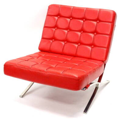 A chrome plated and red leather Barcelona chair, with buttoned upholstery (AF), after the design by Mies Van Der Rohe, (AF).