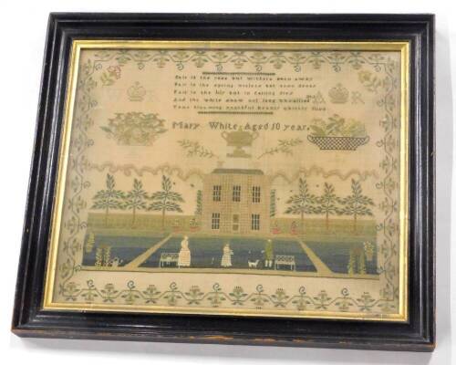 An early 19thC needlework sampler, decorated with a country house, figures, garden benches, a dog, flowers, etc. by Mary White aged 10 years, also embellished with crowns above the initials WR and AR for King William & Queen Adelaide, 33cm x 38cm.