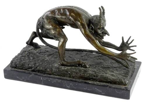 Nino Oliviono. A figure of the devil crouching, on a rectangular base, circular foundry mark, with marble plinth, 31cm wide.