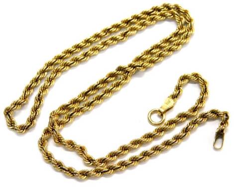 A 9ct gold rope twist necklace, with single clip clasp design, lacking clasp, 41cm long overall, 2.8g all in.