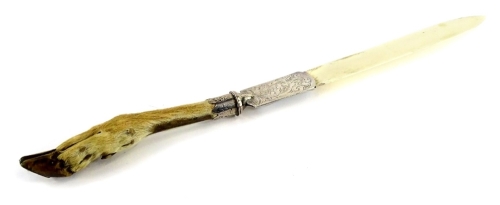 A late 19th/early 20thC paper knife, with deers foot handle, white metal mounts (unmarked) and ivorine blade, 32cm long. Provenance: The Estate of Miss Rachel Monson.