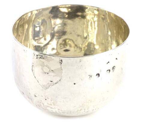 A silver coloured metal plain bowl (AF), marks indistinct, 2¼oz. Provenance: The Estate of Miss Rachel Monson.