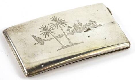 An Eastern silver coloured metal rectangular cigarette case, engraved with buildings, palm trees, etc., possibly Egyptian, unmarked, 13cm wide. Provenance: The Estate of Miss Rachel Monson.