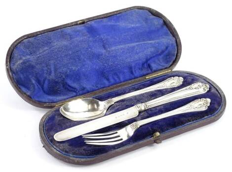 A three piece Victorian silver christening set, comprising knife, fork and spoon, London 1870, (AF), 3½oz in a fitted case. Provenance: The Estate of Miss Rachel Monson.