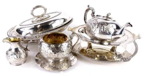 A collection of silver plate, to include an oval entree dish and cover, with gadrooned border, three piece Victorian tea set with embossed decoration etc.