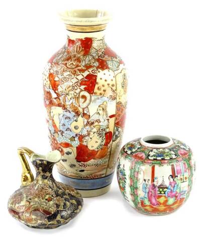 A Japanese earthenware vase, decorated in Satsuma style, a Canton porcelain ginger jar and a modern Chinese ewer, the vase 31cm high. Provenance: The Estate of Miss Rachel Monson.