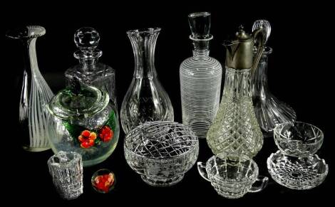 A collection of cut and other glass, to include a biscuit barrel encrusted with orange flowers, a vase with decorative black and white vertical bands in the manner of Venini, a similar decanter and stopper and other glass.