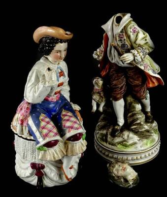 A continental porcelain figure of a gentleman beside a dog, pseudo Naples mark underside and a box and cover modelled in the form of a lady seated on a stool (AF).