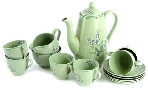 A Spode Flemish green Jacinth pattern part coffee service, decorated with snowdrops on a green ground.