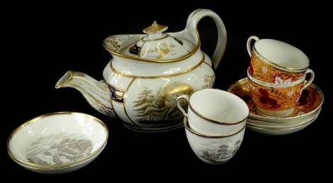 A collection of 19thC English porcelain to include a Newhall oval coffee pot decorated with river landscapes to include a scene of a man and a crocodile, a pair of similar bat printed cups and saucers and two cups and three saucers, each decorated with fl