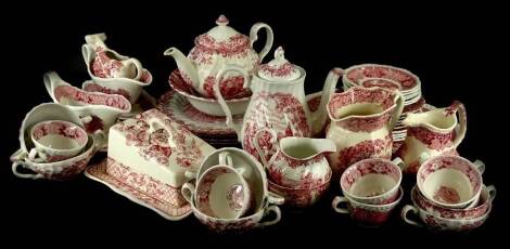 A collection of red printed pottery, to include teapot, coffee pot, jugs, etc., patterns to include Masons Vista, Adams, Crown Devon etc.