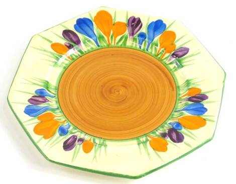 A Clarice Cliff Bizarre Crocus pattern octagonal side plate, 14.5cm diameter.