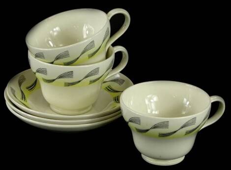 Three Wedgwood Garden pattern cups and saucers, designed by Eric Ravilious.