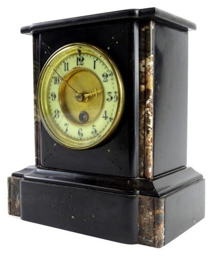 A late 19thC French black slate and marble mantel timepiece, the dial with Arabic numerals, 22cm high.