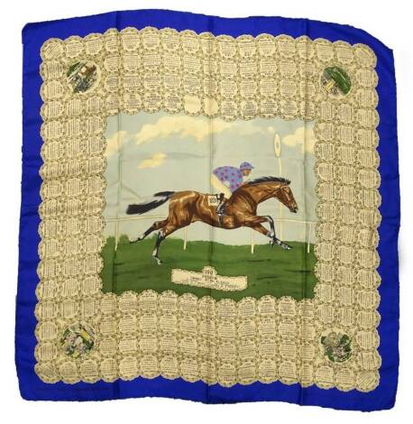 A commemorative silk scarf, made to commemorate the Derby horse race winner Psidium in 1961, decorated centrally with the horse and surrounded by information relating to previous winners of the race, sold by Beale and Inman of New Bond Street, believed to