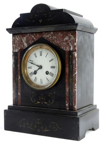 A French black slate and pink marble mantel clock, the enamel dial with Roman numerals, 34cm high.