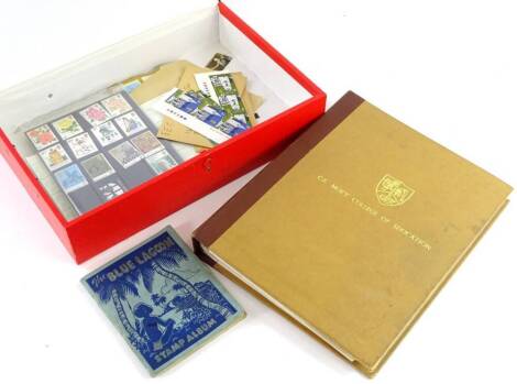 A quantity of stamps, to include a sheet of seven pence stamps, child's stamp album, etc.