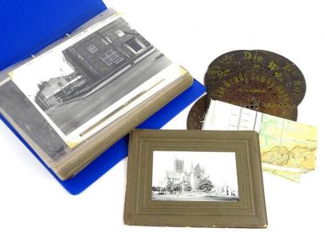 A quantity of items, to include various photographs relating to Lincoln and the surrounding area, four metal polyphone disks, a military silk map of Borneo, etc.