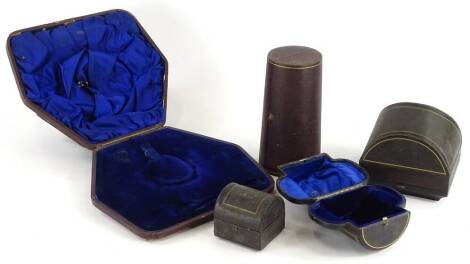 A collection of five late 19th/ early 20thC empty leather presentation boxes for silver items, to include a two handled mug, napkin ring, beaker, etc. Provenance: The Estate of Miss Rachel Monson.