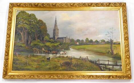 20thC School after Constable. Salisbury Cathedral from the Meadows, oil on canvas, 50cm x 83cm.