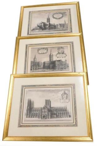 After W Hollar. York Minster, titled in Latin, and two similar engravings of Salisbury Cathedral (3).