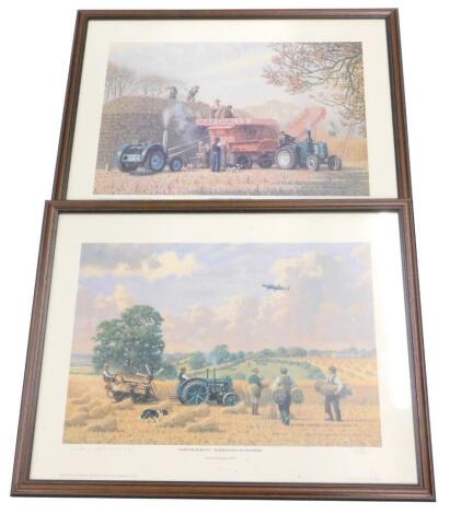 After Robin Wheeldon (b.1945). Marshall threshing set and wartime harvest, Waddington Lincolnshire, artist signed limited edition prints, a pair, 40cm x 50cm.