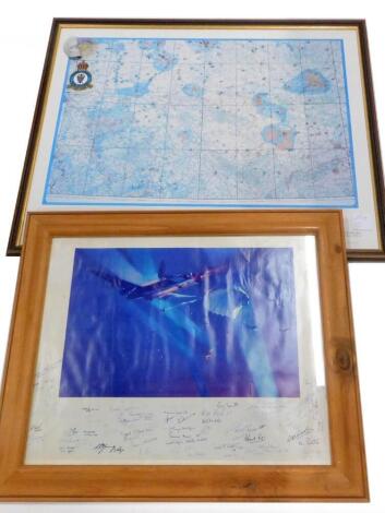 An unusual signed copy of the Lancaster Bail Out print, with various signatures to include Bill Reid VC, Bryn Morgan, Phil Potts, Len Cooper, Lesley Belton DFC, etc., and a signed limited edition map of the bomber command targets in Northern Germany signe