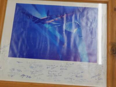 An unusual signed copy of the Lancaster Bail Out print, with various signatures to include Bill Reid VC, Bryn Morgan, Phil Potts, Len Cooper, Lesley Belton DFC, etc., and a signed limited edition map of the bomber command targets in Northern Germany signe - 3