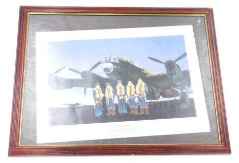 After Peter Read. Dambusters, May 1943, depicting David Shannon, Jack Buckley, Guy Gibson, Brian Jagger, and Len Sumpter, 50cm x 71cm.