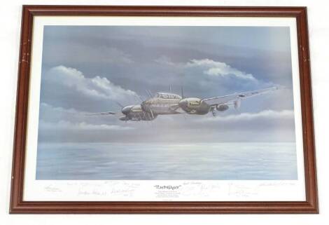 Morris Gardner. Nachtjager, artist signed print, also signed by various aviators, 50cm x 69cm.