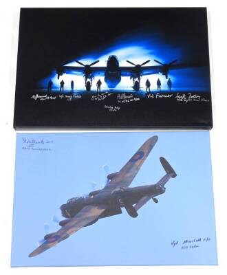 20thC School. Photograph of Dambuster Squadron, signed by various members or related parties, canvas print, 41cm x 62cm and a similar photograph after Steven Elsworth signed by Syd Marshall 103 Squadron, 40cm x 60cm.