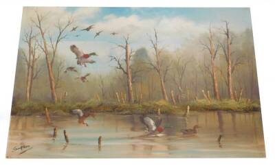 Simpson. Ducks in flight and landing, oil on board, unframed, 60cm x 93cm.