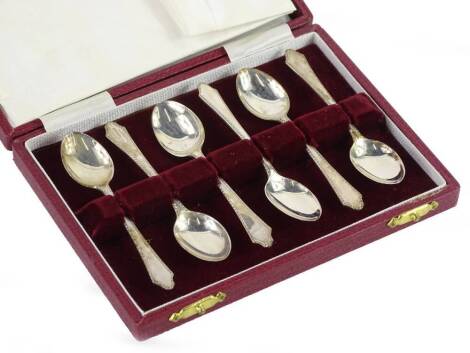 A set of six small silver coffee spoons, Birmingham 1969, in a fitted case. Provenance: The Estate of Miss Rachel Monson.