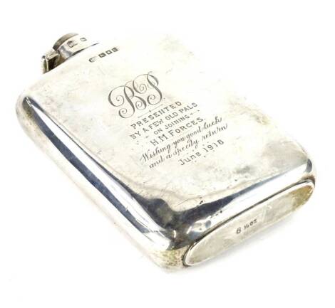 A George V silver presentation hip flask, engraved BP, "Presented by a few old pals on joining HM Forces, wishing you good luck and a speedy return", June 1918, London 1918, lacking lid, 4½oz.