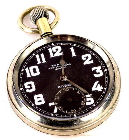 An Omega plated military pocket watch, the black dial stamped non luminous Mark V, 30 hours, engraved A to the reverse.