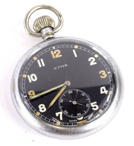 A Cyma plated military pocket watch, with a black enamel dial, engraved to the case G.S.T.P. T8768.