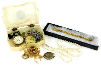 A small quantity of costume jewellery and effects, comprising a Victorian silver brooch bearing the name Emma, various marcasite set brooches, gold plated chains, gold plated bracelet, silver plated Sekonda pocket watch, earrings, etc. (a quantity).